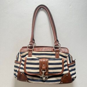 CHAPS Womens Striped Satchel Handbag Navy Blue Cream Brown Preppy Nautical Retro
